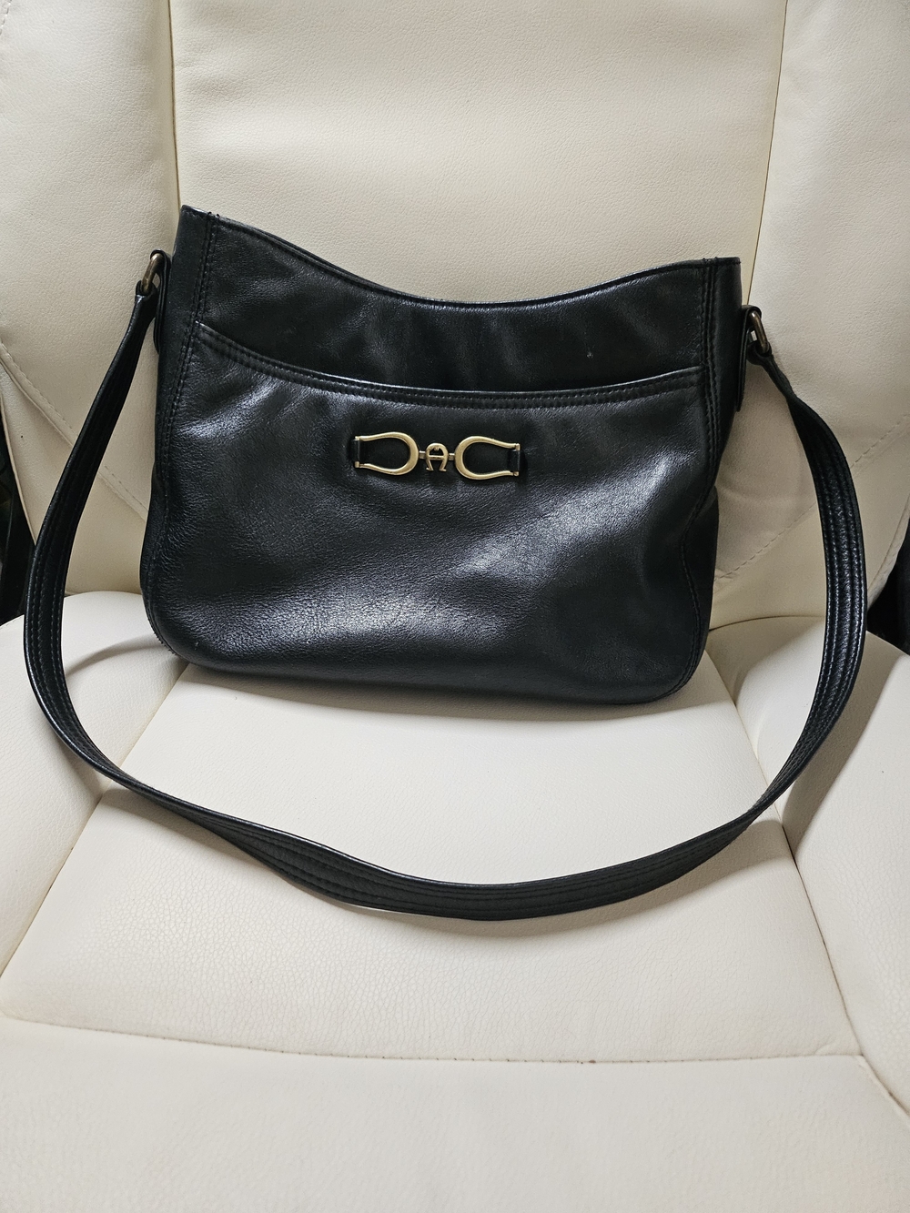 Vintage Etienne Aigner Black Leather Shoulder Bag with Gold Accent